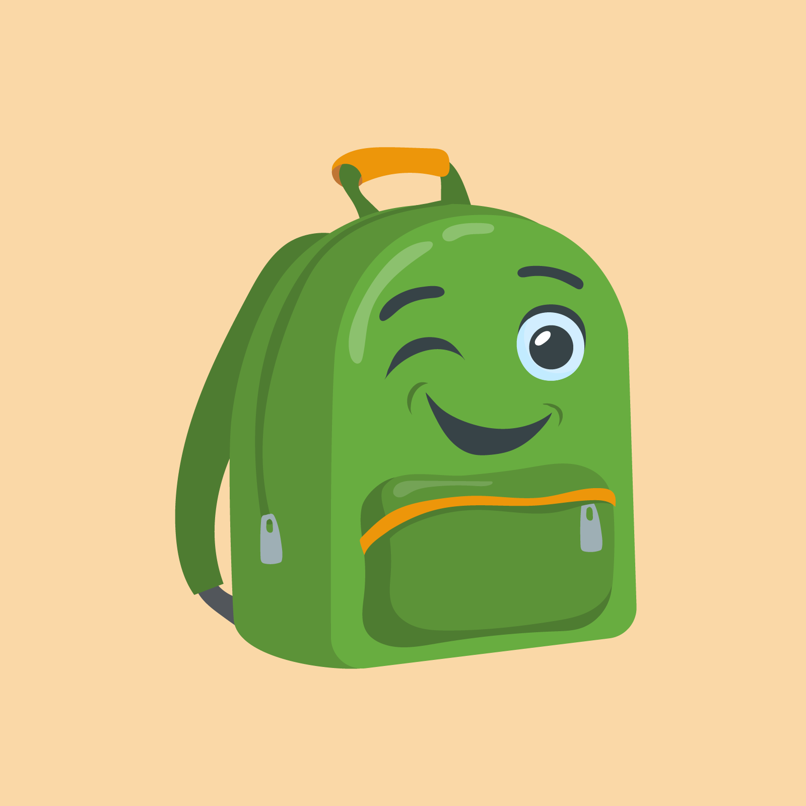 Ilustracja przedstawia zielony plecak z narysowaną uśmiechniętą buzią puszczającą oko.
