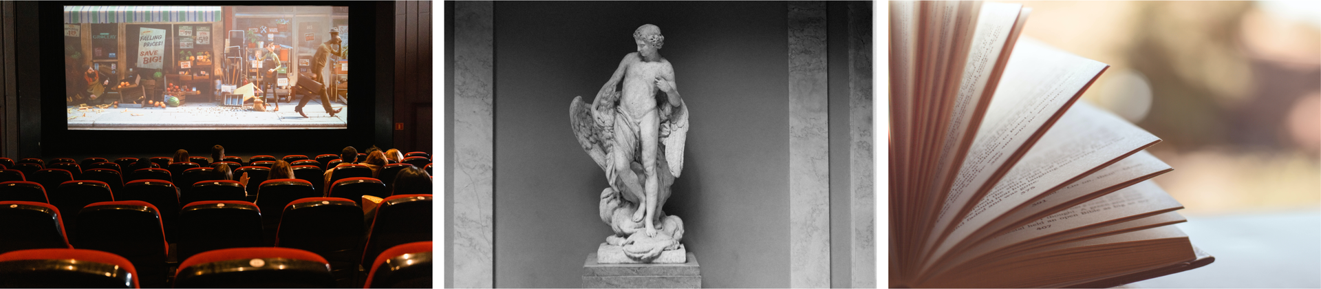 Ilustracja składa się z trzech zdjęć. Zdjęcie po lewej przedstawia salę kinową, na ekranie wyświetlany jest film, a w fotelach siedzi kilka osób. Zdjęcie środkowe przedstawia rzeźbę osoby stojącej na cokole. Zdjęcie po prawej przedstawia zbliżenia na półotwartą książkę.