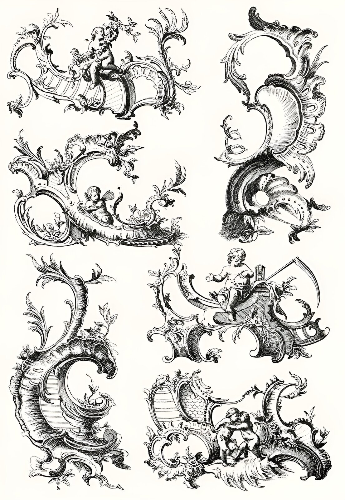 Ilustracja przedstawia kilka ornamentów w tym samym stylu, ułożonych obok siebie. Czarnym kolorem, cienką kreską narysowano skręcające się w różne strony wzory. Przypominają one morską falę czy też muszlę. Często skręcają się w półokrąg. Końce tych półokręgów są delikatne i zwężone. Miejscami pojawiają się też spiralnie skręcone elementy przypominające młody pęd. Na niektórych elementach umieszczono siedzące dzieci o pulchnych kształtach.