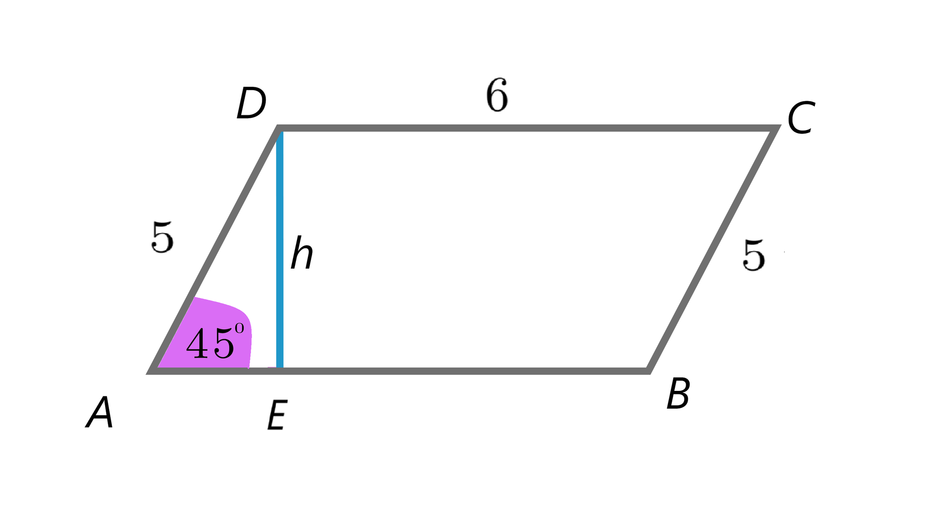 Rysunek przedstawia równoległobok ABDC. Dodano w nim długości boków, górny bok ma długość 6 cm, a boczne boki mają po 5 cm. Po lewej stronie zaznaczona jest wysokość h i kąt ostry 45 stopni. Przy wysokości dodano punkt E, punkty ADE tworzą trójkąt prostokątny. 