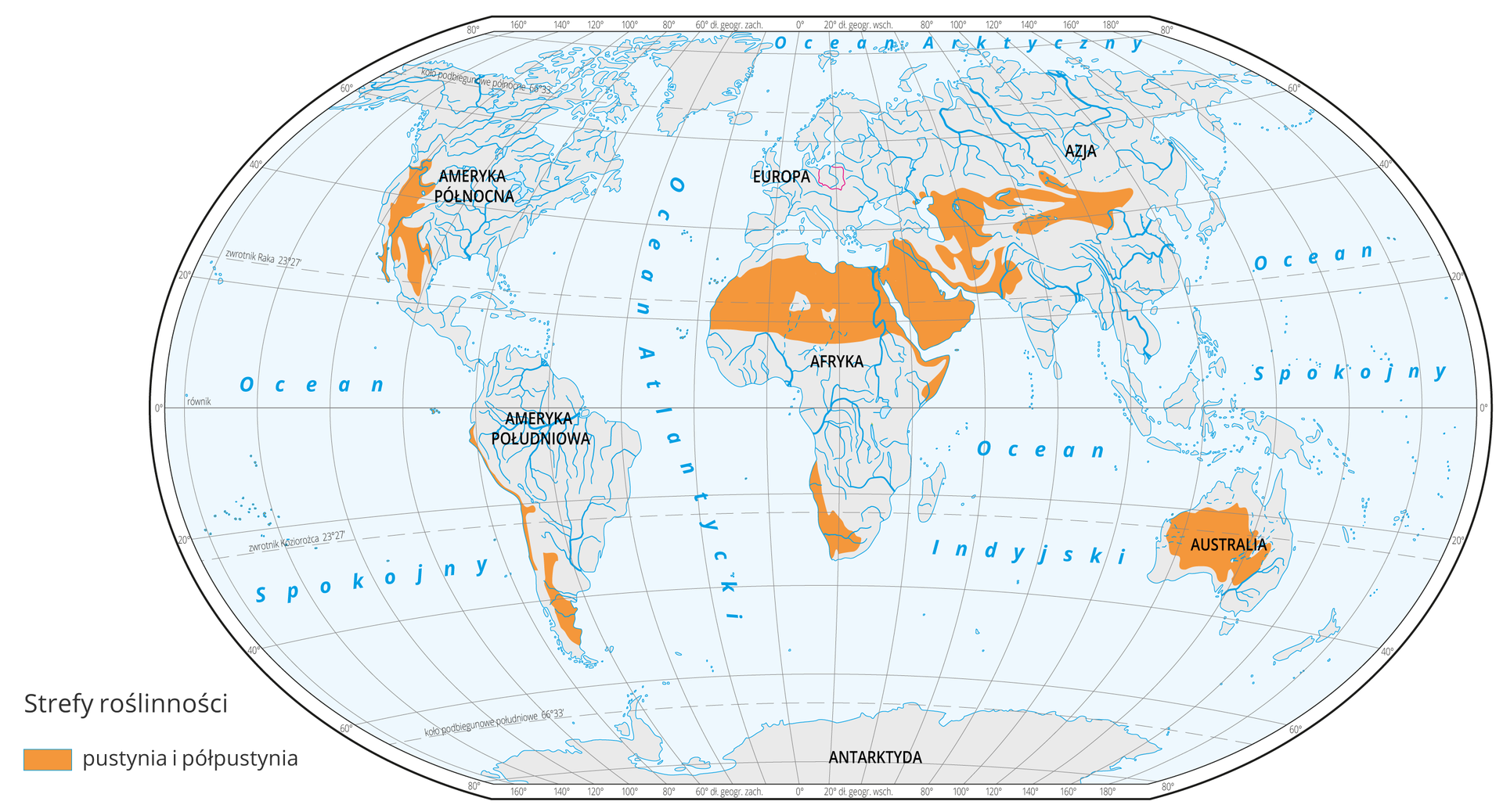 Mapa świata prezentuje występowanie pustyń i półpustyń na Ziemi, które oznaczono kolorem brązowym. Pustynnie i półpustynie występują w całej północnej Afryce oraz jej południowo-zachodniej części. Na Bliskim Wschodzie, Ameryce Południowej, centralnej Australii oraz środkowej Azji.