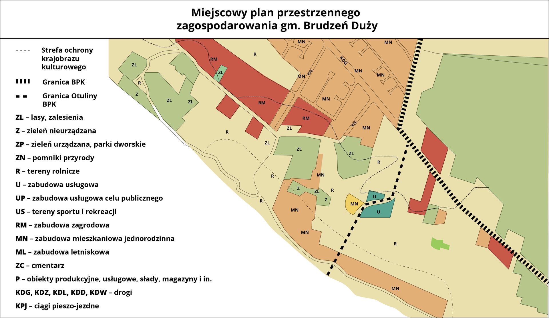 Ilustracja przedstawia plan zagospodarowania gm. Brudzeń Duży. 
Kolorem zielonym i symbolem ZL oznaczono lasy i zalesienia, na zielono z symbolem Z oznaczono zieleń nieurządzaną. Tego typu tereny dominują we wschodniej części gminy oraz w zachodniej, nad rzeką. Tereny zielone występują również w centralnej części.
Obok terenów zielonych, szczególnie tych położonych nad rzeką występują tereny rolnicze, oznaczone kolorem piaskowym. 
Znaczną część zajmują, położone w centralnej części oraz na południu nad rzeką tereny z zabudową mieszkaniową jednorodzinną. Obok niej, tuż przy terenach rolniczych występuje zabudowa zagrodowa. Niewielkie obszary sklasyfikowano jako zabudowę usługową.
We wschodniej części z północy na południowy wschód biegnie granica Brudzeńskiego Parku Krajobrazowego, z północy na południe granica otuliny parku, a równolegle do rzeki granica strefy ochrony krajobrazu kulturowego, mniej więcej po środku mapy.