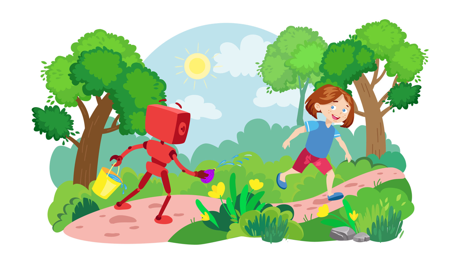 Ilustracja przedstawia pagórkowaty teren porośnięty zielonymi krzewami, drzewami liściastymi, wysokimi trawami i kilkoma żółtymi kwiatami. W tle widać błękitne niebo ze słońcem i jasnymi chmurami. Na pierwszym planie leżą dwa szare kamienie. Na środku ilustracji znajduje się ścieżka. Po jej lewej stronie biegnie Zgrzytek. Jest to czerwony robot o prostokątnej głowie z krótkimi antenkami zamiast uszu, dwiema rękami i dwiema nogami. Widziany jest od tyłu. W lewej ręce trzyma żółte wiadro wypełnione wodą, a w prawej plastikowe fioletowe jajko, z którego tryska woda. Po prawej stronie ścieżki biegnie Maja, ucieka przed Zgrzytkiem. Jest ubrana w niebieską koszulkę z krótkimi błękitnymi rękawami, krótkie ciemnoróżowe spodnie i ciemnoniebieskie buty. Patrzy na goniącego ją robota i szeroko się uśmiecha.