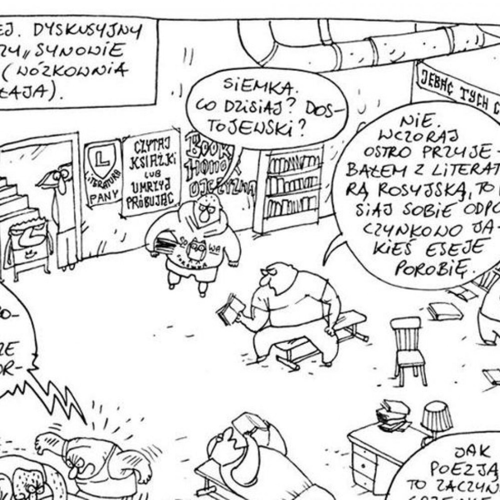 Na ilustracji znajduje się grupa ludzi znajdujących się w bibliotece, porównanej do siłowni - na podłodze stoją ławki treningowe. Mężczyźni siedzą lub leżą na ławkach treningowych i podnoszą książki jak sztangi. Na ścianach wiszą humorystyczne plakaty oraz znajdują się napisy nawiązujące do sportu oraz książek: literatura pany, czytaj książki lub umrzyj próbując, book honor ojczyzna. Komiks jest czarno‑biały oraz posiada dialogi w języku polskim.