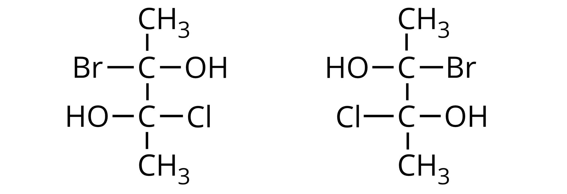 Ilustracja przedstawiająca dwa izomery 2-bromo-3-chloro-2,3-dihydroksybutanu. Zakładając, że w obu związkach łańcuch węglowy znajduje się w płaszczyźnie monitora i stanowi łamaną składającą się z trzech odcinków symbolizujących wiązania pomiędzy atomami węgla, to grupy hydroksylowe znajdują się za płaszczyzną monitora, a atom bromu, idąc od lewej znajduje się przed płaszczyzną i odchodzi do góry, podobnie jak atom chloru (również jest przed płaszczyzną, ale odchodzi do dołu). W drugiej cząsteczce, idąc od lewej przed płaszczyzną znajduje się atom chloru (odchodzi w dół), a za płaszczyzną grupa hydroksylowa, a dalej po prawej stronie z przodu (u góry), przed płaszczyzną znajduje się atom bromu a za płaszczyzną grupa hydroksylowa. Zatem są one swoimi odbiciami lustrzanymi.
