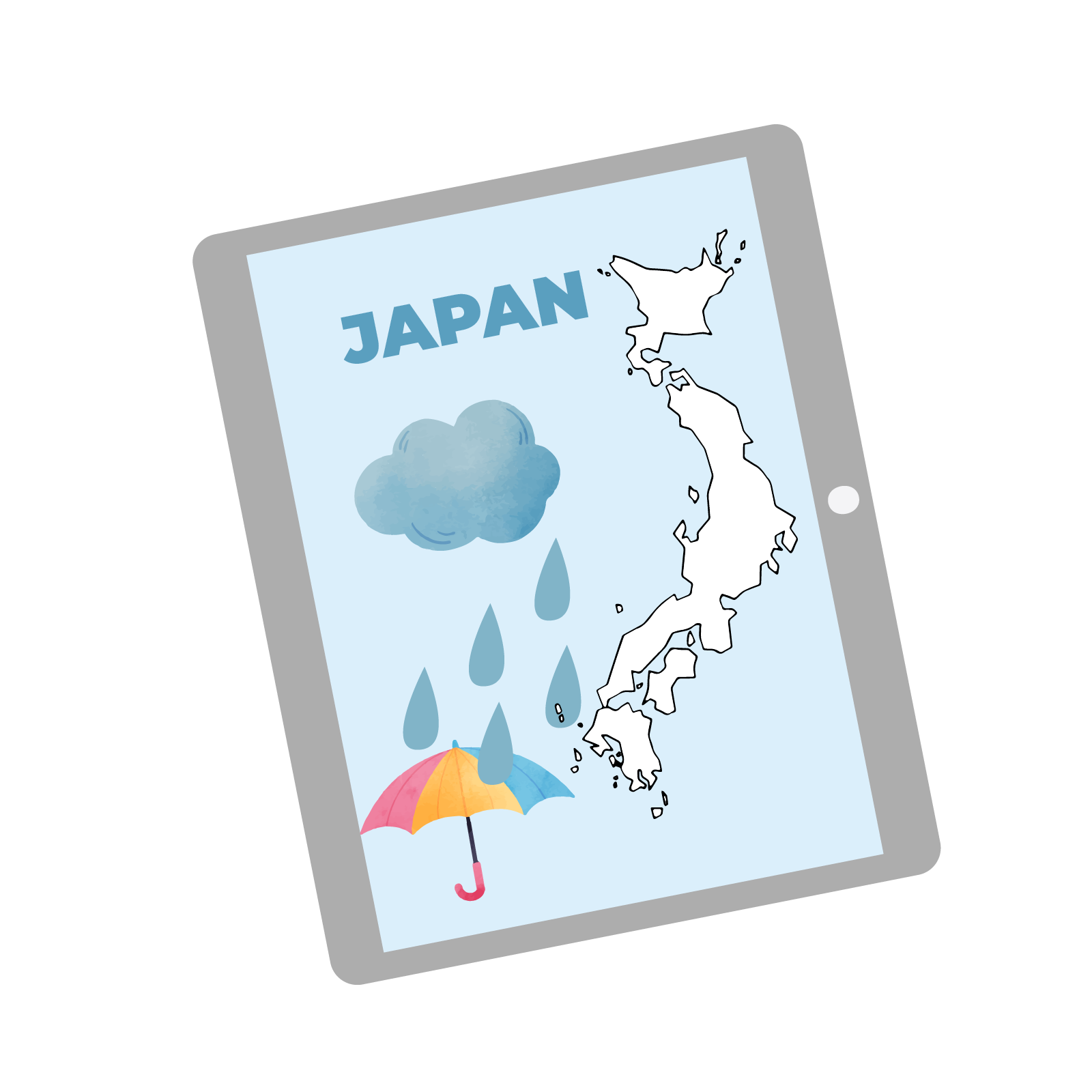 Na ilustracji znajduje się tablet, na ekranie którego widać mapę Japonii, chmurkę, z której kapie deszcz, parasol i podpis  Japan