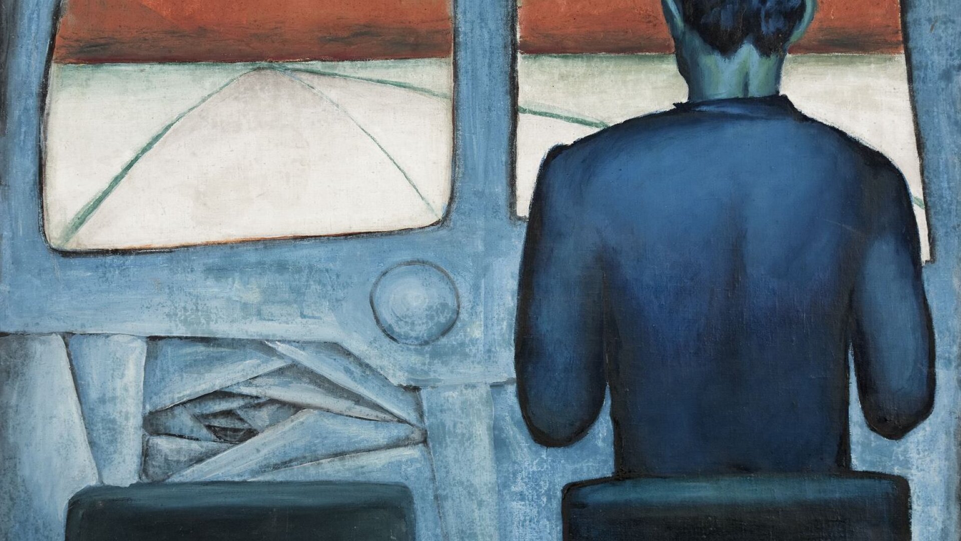 Obraz Andrzeja Wróblewskiego pod tytułem „Szofer niebieski” przedstawia wnętrze przedniej części pojazdu z dwoma siedzeniami i szybą. Na prawym siedzeniu siedzi przedstawiony tyłem kierowca. Przez szybę widoczna jest biała, oświetlona droga z czerwonym niebem. Wnętrze pojazdu i szofer namalowani są w odcieniach koloru niebieskiego, wszystkie elementy otoczone są czarną linią stanowiącą kontur.