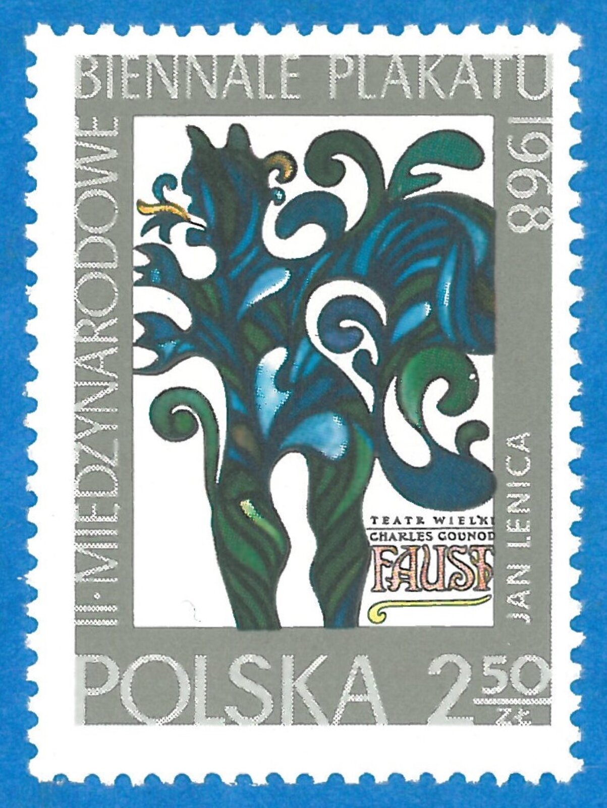 Ilustracja przedstawia znaczek autorstwa Jana Lenicy, który został stworzony z myślą o II Międzynarodowym Biennale Plakatu, które odbyło się w 1968 roku. Znaczek przedstawia postać przypominającą skrzydlatego człowieka o zielono‑niebieskim kolorze skóry, ziejącego niebiesko‑żółtym ogniem. Obok postaci znajduje się napis: TEATR WIELKI. CHARLES GOUNOD, FAUST. Ilustracja jest obramowana, po kolei widoczne są trzy ramki – szara z białymi napisami, biała oraz niebieska z półokrągłymi wypukłościami. 