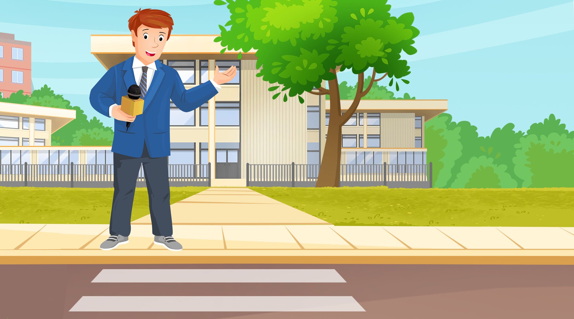 Ilustracja przedstawia reportera z mikrofonem.