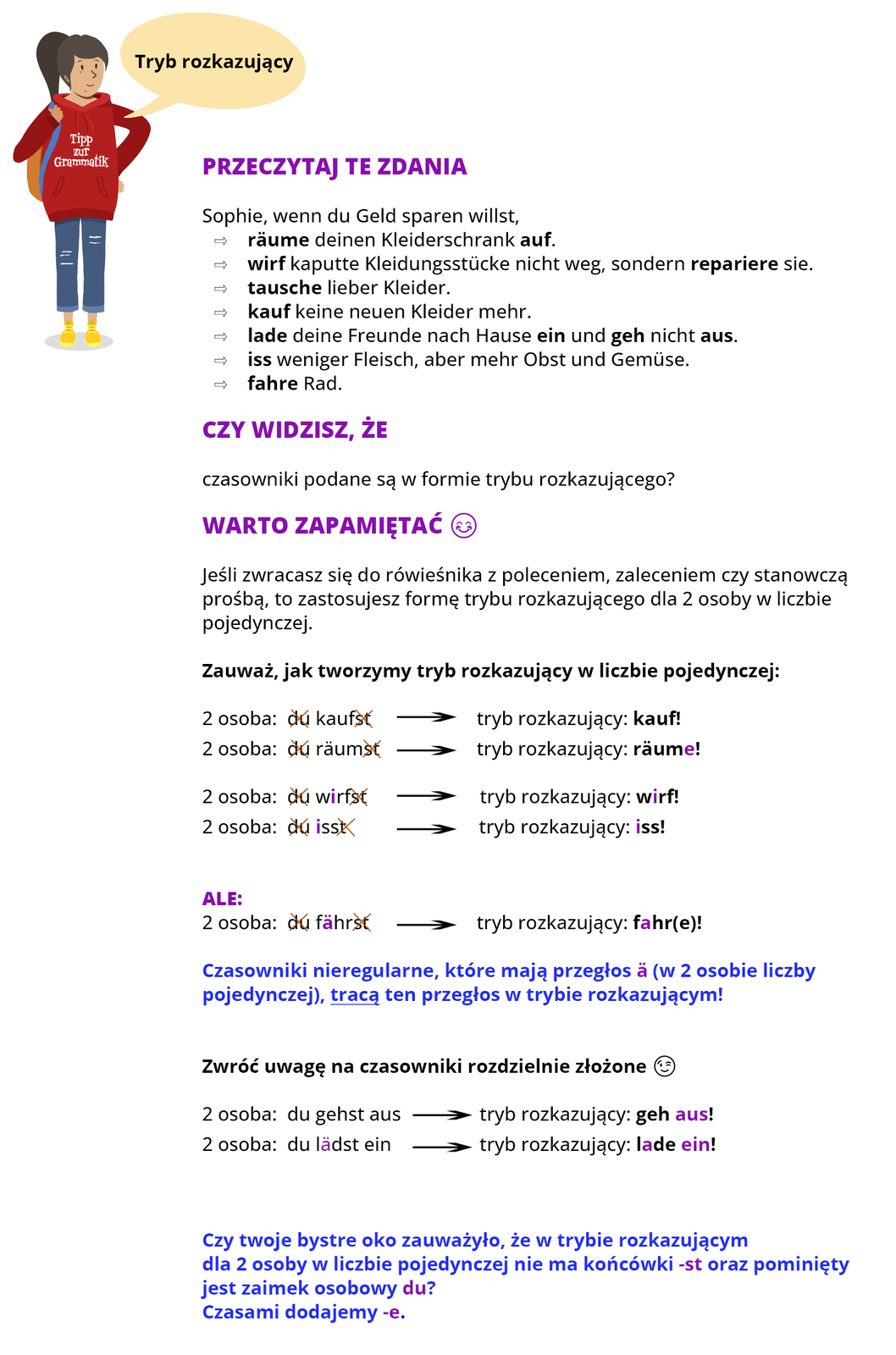 Ilustracja zawiera poradę językową. Grafika przedstawia długowłosą dziewczynkę w czerwonej bluzie na której widoczny jest napis. Obok widoczny jest dymek zawierający napis: Tryb rozkazujący. Pozostałą część grafiki stanowi tekst, którego treść widoczna jest w trybie dostępności.