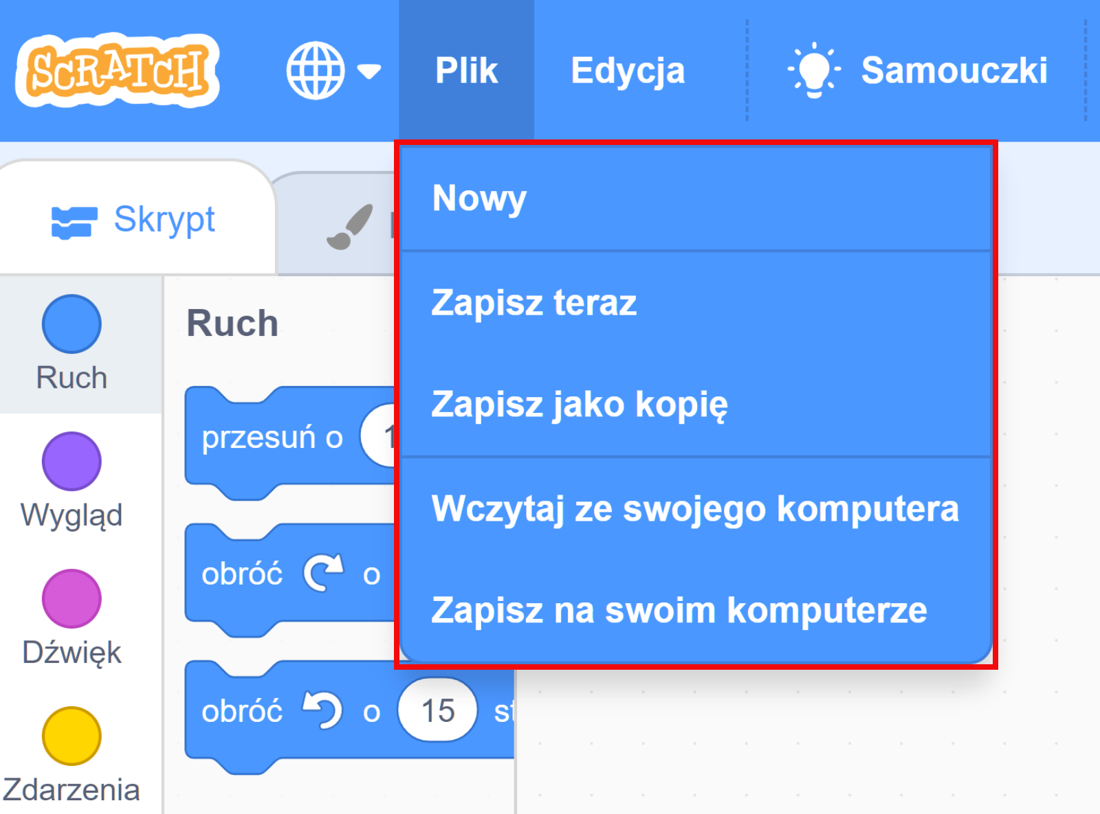 Na ekranie widoczny jest program komputerowy Scratch. W górnej części okna znajduje się pasek nawigacji z zakładkami: plik, edycja, samouczki, projekt Scratch. Na środku ekranu widoczna jest rozwijana lista z zakładki plik z następującymi opcjami: nowy, zapisz teraz, zapisz jako kopię, wczytaj ze swojego komputera oraz zapisz na swoim komputerze. Cała lista jest zaznaczona czerwoną linią.