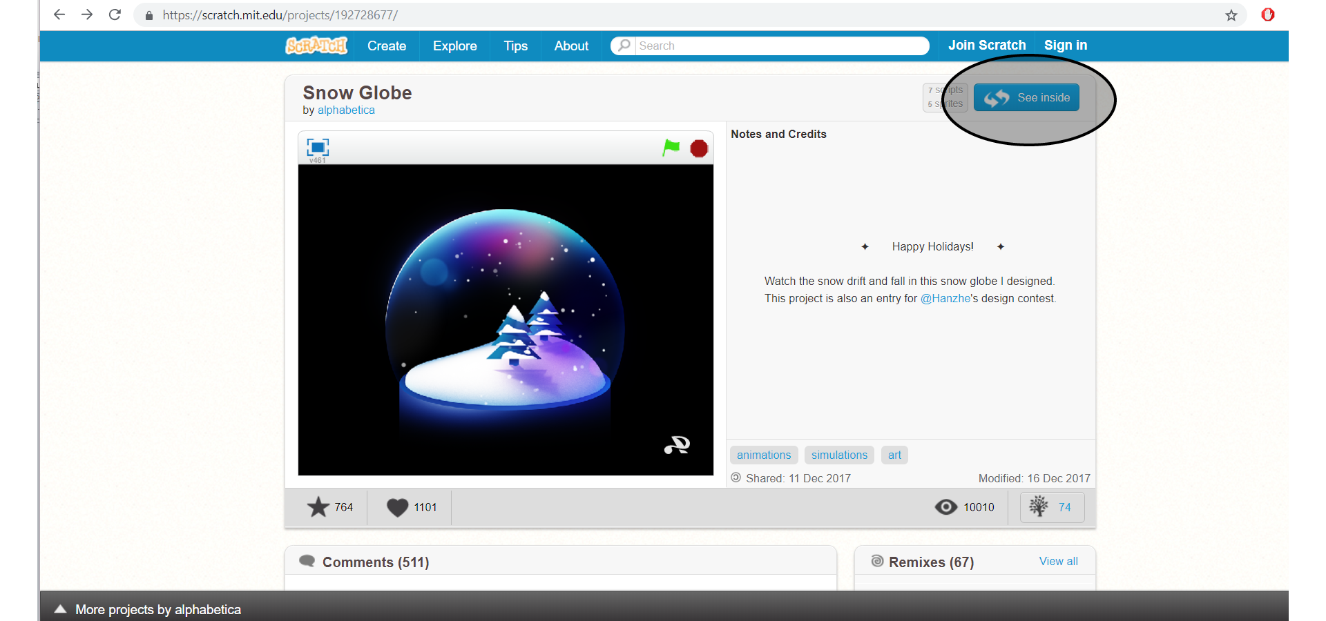 Zrzut z ekranu przedstawia stronę internetową programu Scratch pokazującą gotowy projekt. Tutaj tematem projektu jest tak zwana śnieżna kula, w której umieszczone są dwa drzewka i sztuczny śnieg. Wyróżniony jest przycisk See inside, po wciśnięciu którego można zobaczyć skrypt.
