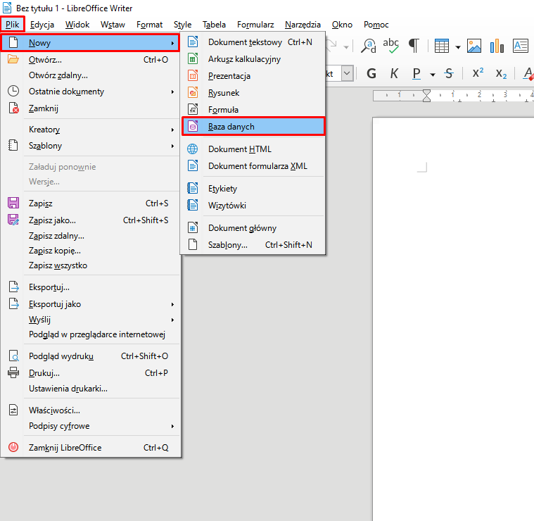 Ilustracja przedstawia otwarty program LibreOffice Writer. U góry w pasku zadań wybrano opcję plik, następnie opcję nowy i następnie opcję Baza danych. 