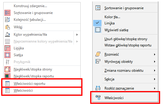 Zrzut ekranu przedstawia porównanie Menu kontekstowego w programach Microsoft Access oraz LibreOffice Base. Z lewej strony z Programu Microsoft Access. Zaznaczone na czerwono zostały opcje właściwości raportu oraz właściwości. Z prawej strony z programu LibreOffice Basic wybrane na czerwono zostały Właściwości.