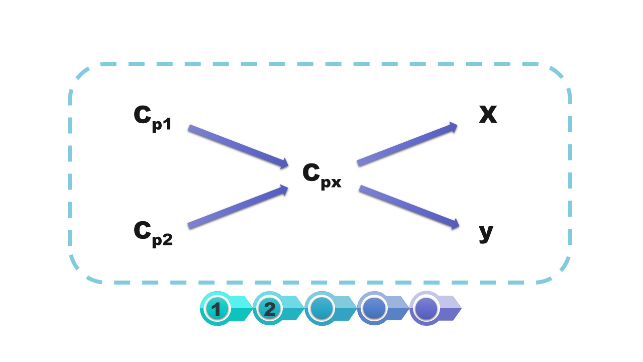 Ilustracja przedstawia schemat składający się z pięciu elementów cp1, cp2, cpx, x, y. Po lewej stronie wykresu znajdują się elementy cp1, cp2. cp1 strzałka w prawo do cpx,  cp2 strzałka w prawo do cpx. Element cpx znajduje się w środkowej części schematu. Od elementu cpx znajdują się strzałki w prawo do elementów znajdujących się po lewej części schematu. Pierwsza strzałka do elementu x, druga strzałka do elementu y.