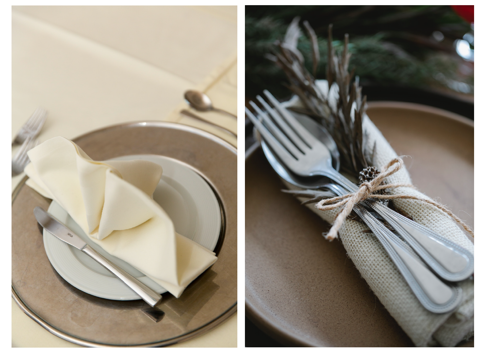 Na zdjęciu po lewej stronie, na talerzu stoi serweta uformowana w ozdobny wachlarz. Na zdjęciu po prawej stronie serweta zwinięta jest w ozdobny rulon. Na serwecie znajduje się widelec, łyżka i ozdobne pióro, a wszystko związane jest sznurkiem.