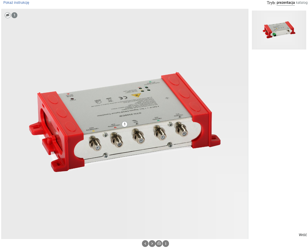 Ilustracja przedstawia przykładowy widok  rozwiniętego panelu kryjącego dodatkową treść. Na panelu widać grafikę tego samego urządzenia, jednak z innej strony.