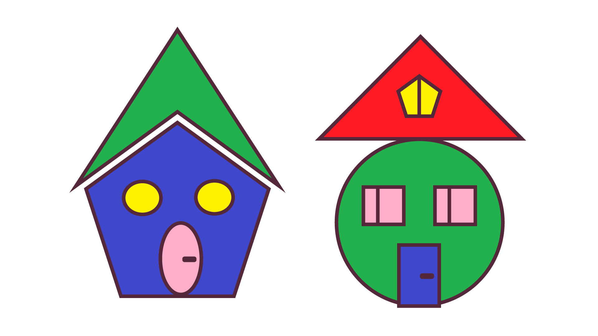 Grafika przedstawia dwa domki składające się z figur geometrycznych. Domek znajdujący się po lewej stronie ma zielony dach przypominający kształtem wcięty trójkąt, ciemnoniebieskie ściany tworzące pięciokąt, dwa okrągłe żółte okna i jasnoróżowe owalne drzwi. Domek znajdujący się po prawej stronie ma czerwony dach w kształcie trójkąta z żółtym pięciokątnym oknem na środku, zielone ściany tworzące koło, dwa jasnoróżowe kwadratowe okna i granatowe prostokątne drzwi.