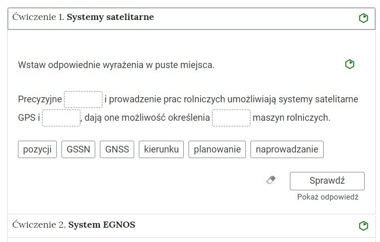 Zdjęcie przedstawia otwartą zakładkę z przykładowym zadaniem. Pod nazwą zakładki znajduje się polecenie. Pod poleceniem widać treść zadania z odpowiedziami do wyboru. Po prawej stronie polecenia widać zielony sześciokąt. Poniżej zadania, po prawej stronie panelu znajduje się ikona sprawdź. Po jej lewej stronie widać symbol gumki. Poniżej przycisku sprawdź znajduje się napis pokaż odpowiedź.