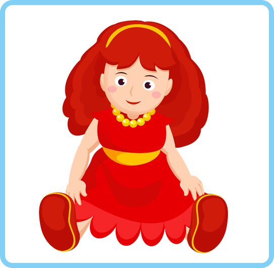 Ilustracja przedstawia czerwonowłosą lalkę, ubraną na czerwono.