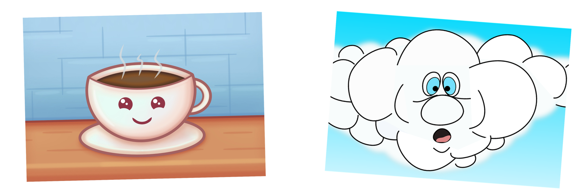 Grafika przedstawia dwie ilustracje. Na jednej widnieje filiżanka z kawą, która ma oczy i uśmiech, na drugiej - chmura z oczami, nosem i ustami o zdziwionym wyrazie twarzy.
