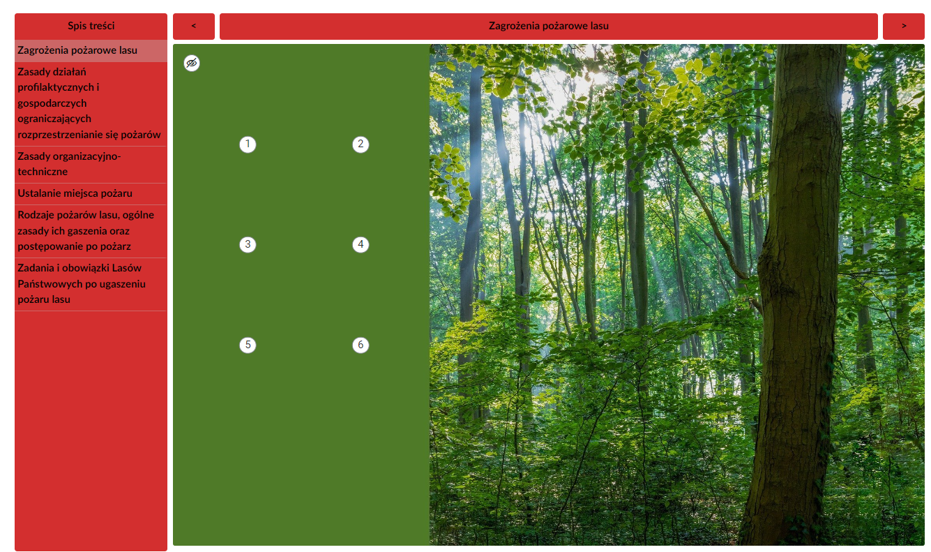 Przykładowy widok atlasu interaktywnego. W lewej kolumnie koloru czerwonego znajdują się zakładki prowadzące do poszczególnych opisów. W kolumnie po prawej widoczny jest wyświetlany element. Na środku znajduje się zdjęcie lasu z drzewem na pierwszym planie. Między czerwoną kolumną a zdjęciem jest pasek zielonego koloru z sześcioma cyframi w białych kółkach.