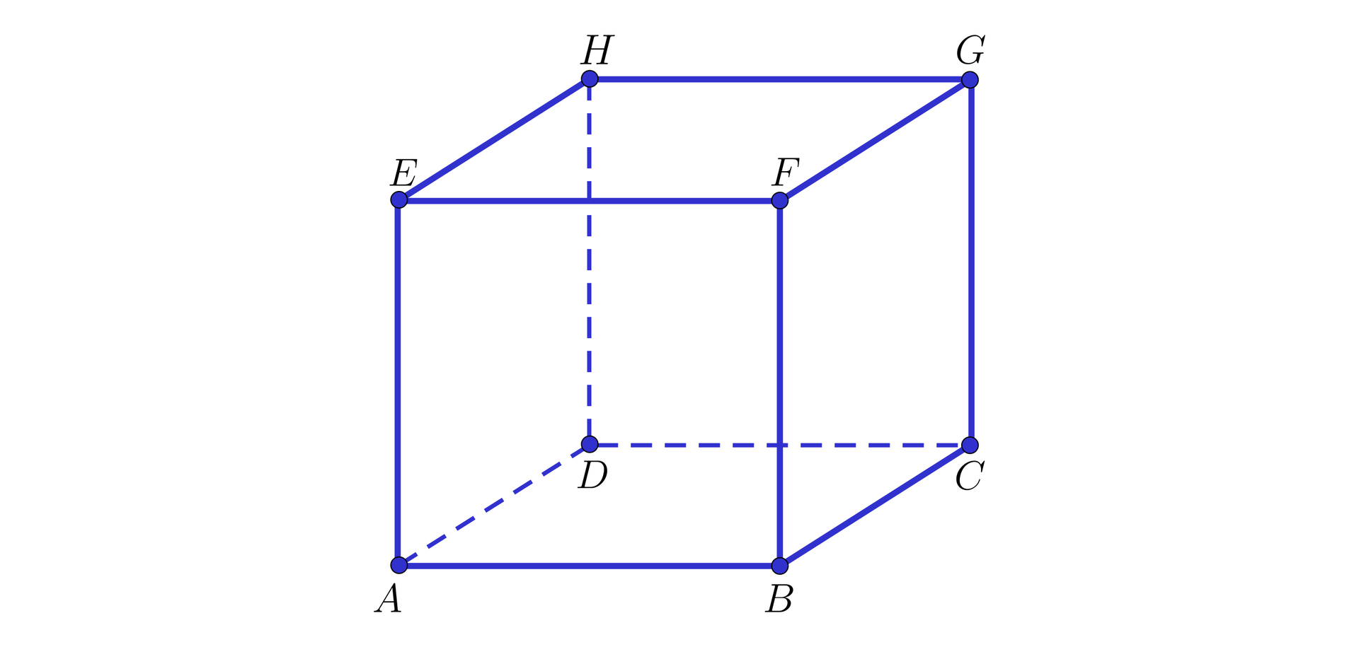 Grafika przedstawia sześcian o wierzchołkach dolnej podstawy: A, B, C, D i górnej podstawy E, F, G oraz H.