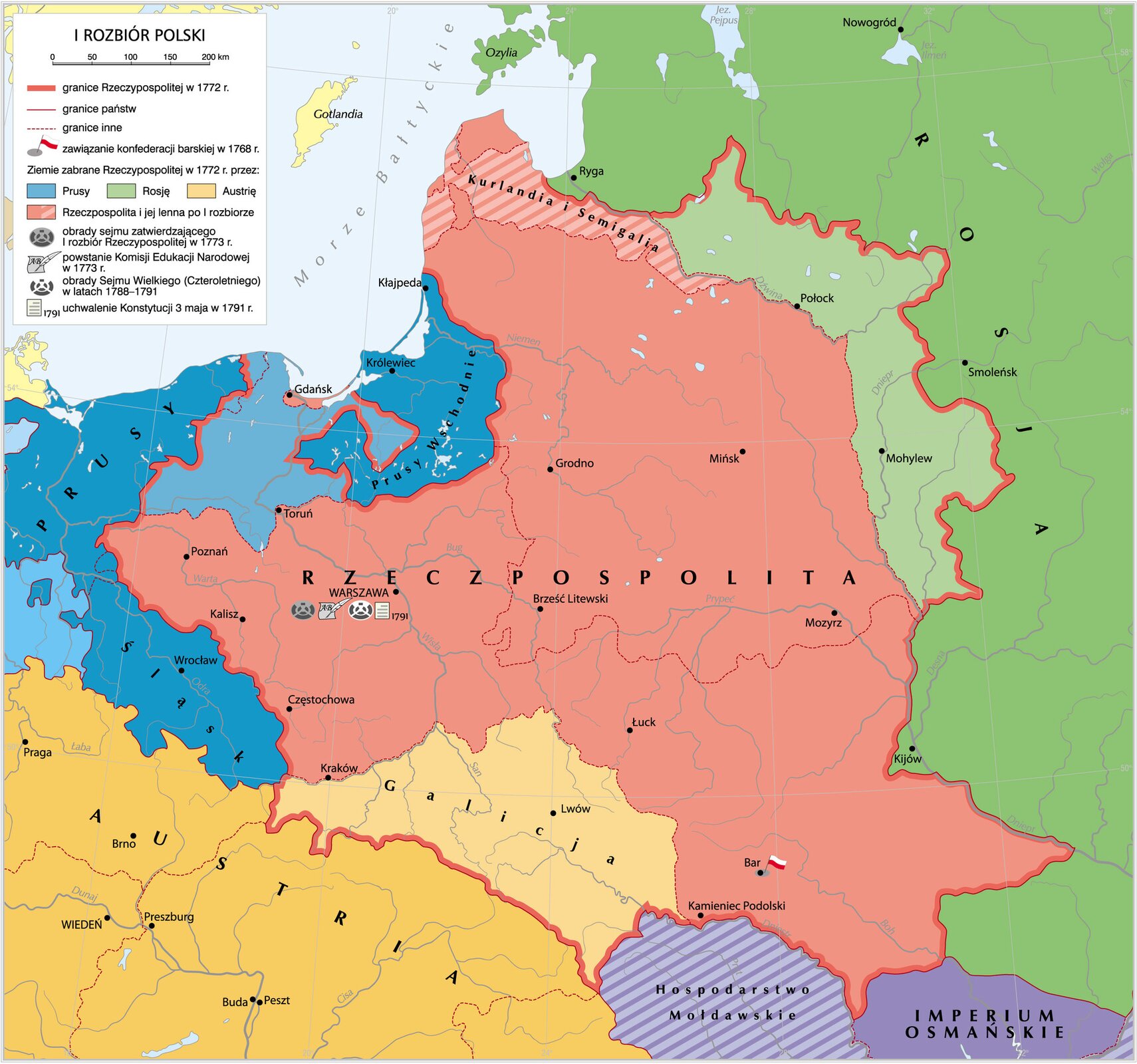Grafika mapy przedstawiającej pierwszy rozbiór Polski w 1772 roku. Austria otrzymała całą południową Polskę po Zbrucz z Lwowem. Dodatkowo Austria przejęła Spisz i powiaty nowotarski, nowosądecki i czorsztyński.
Prusy anektowały Warmię i Prusy Królewskie (Pomorze Gdańskie), lecz bez Gdańska i Torunia.
Rosja zagarnęła Inflanty Polskie oraz wschodnie, peryferyjne krańce Rzeczypospolitej za Dnieprem, Drucią i Dźwiną (województwa: mścisławskie, witebskie i połockie oraz część mińskiego i inflanckiego).