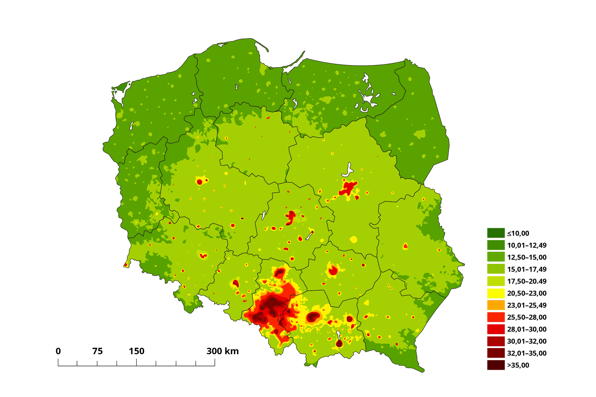 Mapa Polski przedstawia średnie roczne stężenie pyłu PM10. Powyżej 25,20 występuje w okolicy Katowic, Krakowa, Kielc, Poznania, Warszawy, Łodzi i gdzieniegdzie w województwie dolnośląskim, opolskim, lubelskim, podkarpackim i małopolskim. Od 20,5 do 23 występuje w województwie śląskim, małopolskim, świętokrzyskim, wielkopolskim, mazowieckim. W reszcie województw występuje poniżej 20,50 w czym w województwie lubuskim, zachodniopomorskim, pomorskim, warmińsko mazurskim i podlaskim poniżej 10.