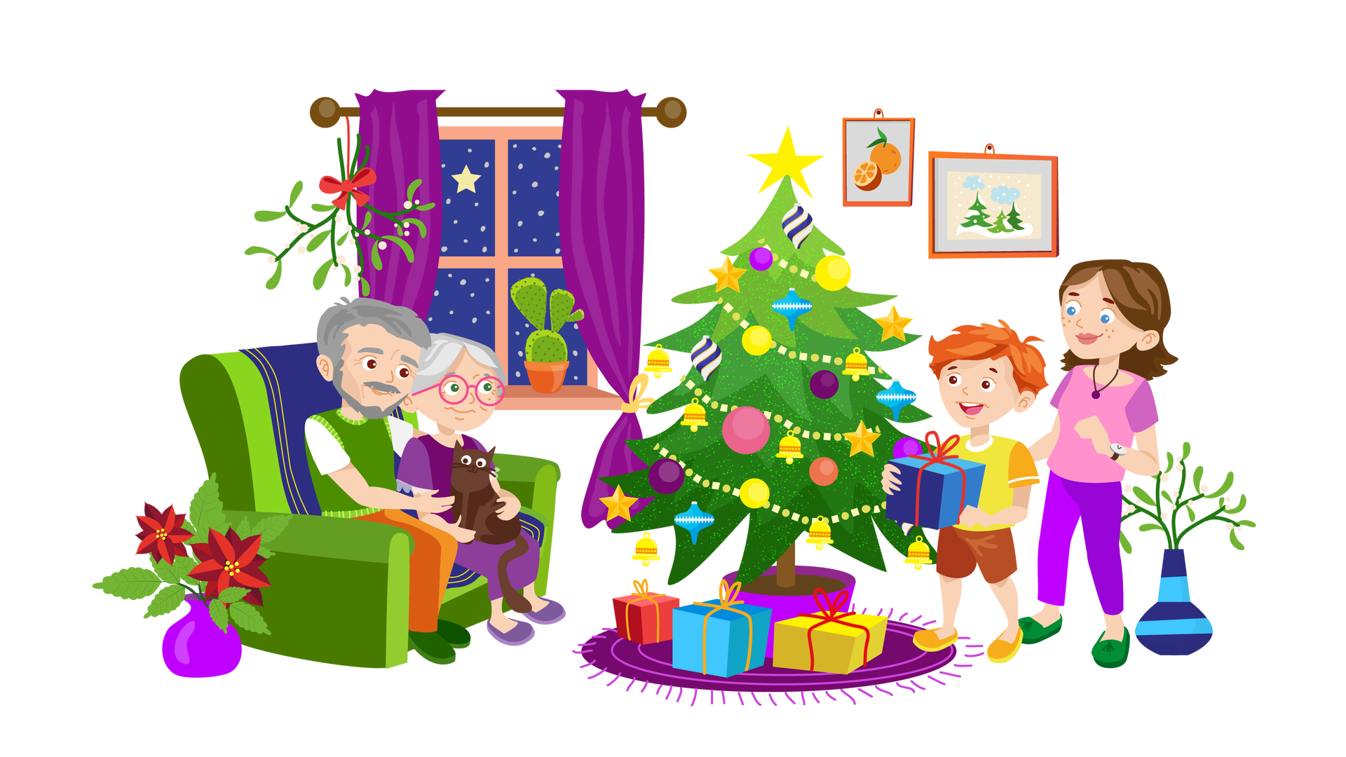 Ilustracja przedstawia salon. W tle, po lewej stronie, znajduje się okno, za którym widać rozgwieżdżone nocne niebo ze świecącą pierwszą gwiazdką. Nad oknem jest ciemnobrązowy karnisz z dwiema fioletowymi zasłonami. Każda z nich jest związana w dolnej części żółtą wstążką. Po lewej stronie karnisza zawieszono jemiołę, czyli roślinę składającą się z zielonych gałązek porośniętych drobnymi listkami, ozdobioną czerwoną kokardką. Na jasnobrązowym parapecie stoi zielony kaktus w brązowej donicy. Na prawo od okna, na ścianie, wiszą dwa obrazki w pomarańczowych ramkach. Pierwszy obrazek przedstawia pomarańczę z dwoma zielonymi listkami i opartą o nią połowę drugiej pomarańczy. Drugi obrazek przedstawia trzy ośnieżone choinki. Nad drzewami widać dwie chmury, z których pada śnieg. Po lewej stronie pomieszczenia stoi jasnozielona kanapa z granatową narzutą. Na kanapie siedzą babcia i dziadek Franka i Mai. Dziadek jest ubrany w białą koszulkę z krótkimi rękawami, zieloną kamizelkę, długie pomarańczowe spodnie i ciemnozielone buty. Lewą ręką obejmuje babcię. Babcia jest ubrana w ciemnofioletową bluzkę z krótkimi fioletowymi rękawami zakończonymi przezroczystymi falbankami, długą fioletową spódnicę i fioletowe buty. Na nosie ma okulary w okrągłych ciemnoróżowych oprawkach. Na kolanach babci siedzi ciemnobrązowy kot. Na lewo od kanapy, na podłodze, stoją dwa duże czerwone kwiaty w fioletowym wazonie. Na środku pomieszczenia leży okrągły fioletowy dywan z frędzlami. Stoi na nim duża zielona choinka w fioletowej donicy, ozdobiona kolorowymi bombkami, złotym łańcuchem, gwiazdkami, dzwoneczkami i złotą gwiazdą na czubku. Dookoła choinki leżą trzy prezenty: czerwony z pomarańczową wstążką, niebieski z pomarańczową wstążką i żółty z czerwoną wstążką. Na prawo od choinki stoi Franek. Jest ubrany w żółtą koszulkę z pomarańczowymi rękawami, krótkie brązowe spodnie i pomarańczowe buty z żółtymi podeszwami. W rękach trzyma ciemnoniebieski prezent owinięty czerwoną wstążką. Chłopiec uśmiecha się i patrzy na babcię i dziadka. Za Frankiem stoi jego ciocia. Ma krótkie brązowe włosy i jest ubrana w jasnoróżową bluzkę z krótkimi jasnofioletowymi rękawami, długie fioletowe spodnie i ciemnozielone buty. Na szyi ma naszyjnik, a na lewym nadgarstku zegarek. Za ciocią, na podłodze, stoi jemioła w wysokim wazonie w błękitno‑granatowe pasy.
