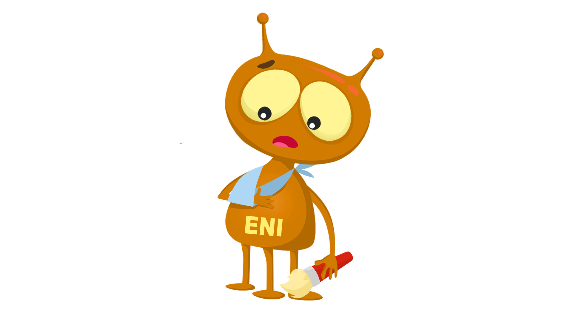 Ilustracja przedstawia smutnego ufoludka z ręką w temblaku. W drugiej ręce trzyma pędzel.