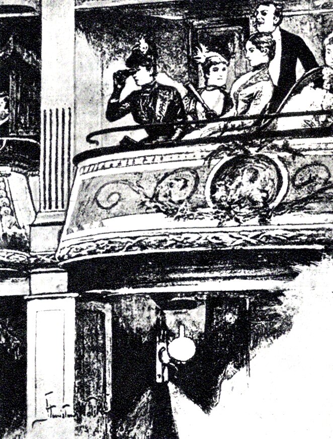 Rysunek przedstawia balkon na widowni teatralnej. Siedzą na nim trzy damy w wytwornych sukniach. Za ich plecami stoi mężczyzna we fraku.