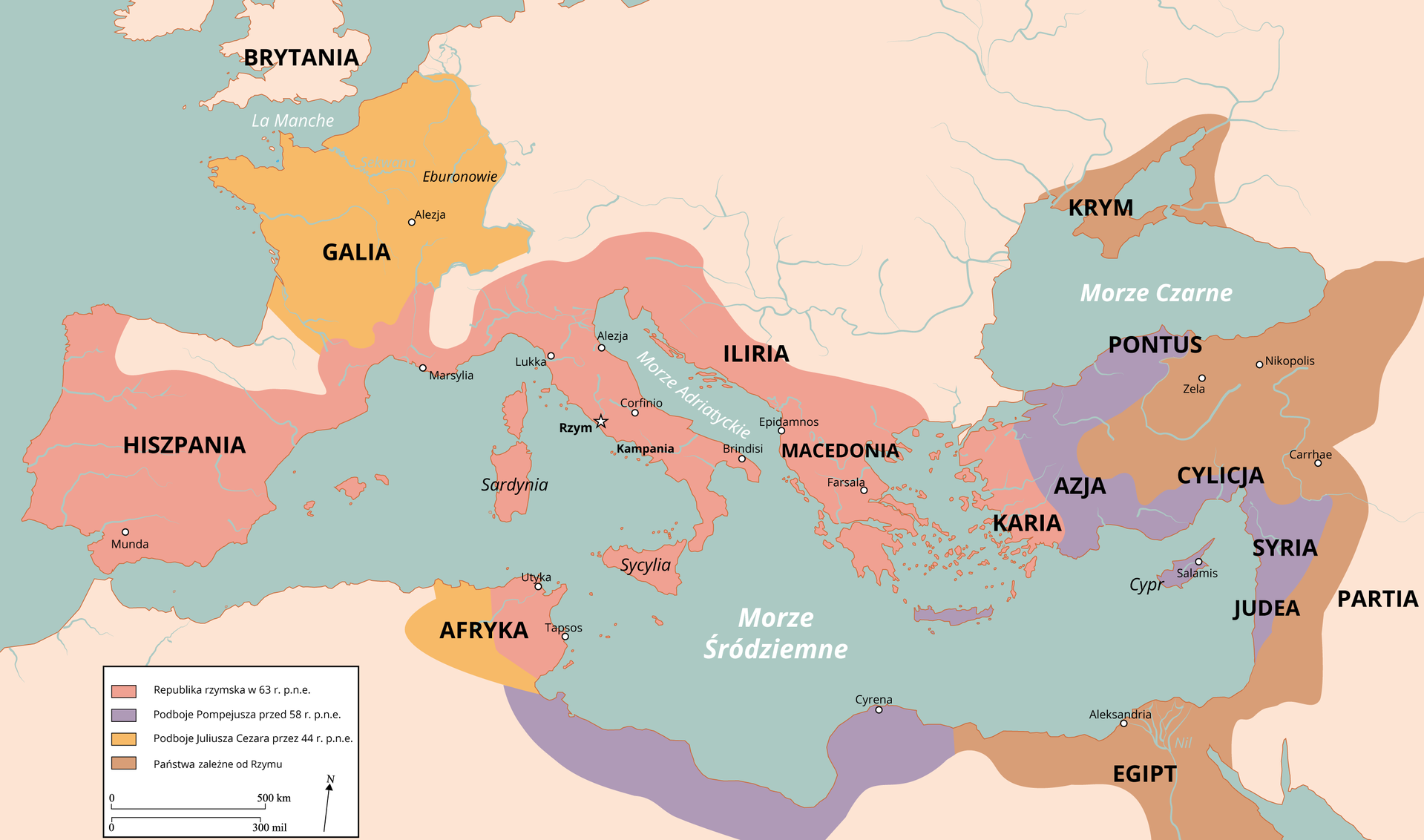 Mapa prezentująca imperium rzymskie w pierwszym wieku przed naszą erą. Ukazuje obszary republiki rzymskiej w 63 roku przed naszą erą obejmujące obszar Półwyspu Iberyjskiego (Obecna Hiszpania i Portugalia), południową część współczesnej Francji, Półwysep Apeniński, Sardynię, Ilirię (starożytna kraina nad Adriatykiem, obejmująca tereny obecnej Chorwacji, Bośni i Hercegowiny, Czarnogóry), Półwysep Bałkański i Macedonię (obecna Grecja) oraz Karię (współczesna Turcja) oraz niewielki obszar północnej Afryki (obecnie obszar Tunezji). Ukazane są także podboje Pompejusza przed 58 rokiem przed naszą erą: Azja Mniejsza, w tym Pont w Kapadocji, Syria, Judea. Północne wybrzeże Afryki (współczesna Libia). Zaznaczono również podboje Juliusza Cezara przed 44 rokiem przed naszą erą: Galię (współczesna Francja i Szwajcaria) i północną część wybrzeża Afryki (fragment współczesnej Algierii). W okresie tym państwami zależnymi od Rzymu były: Krym i Orient (Libia, Izrael, zachodnia Jordania, Egipt i Cyrenajka).