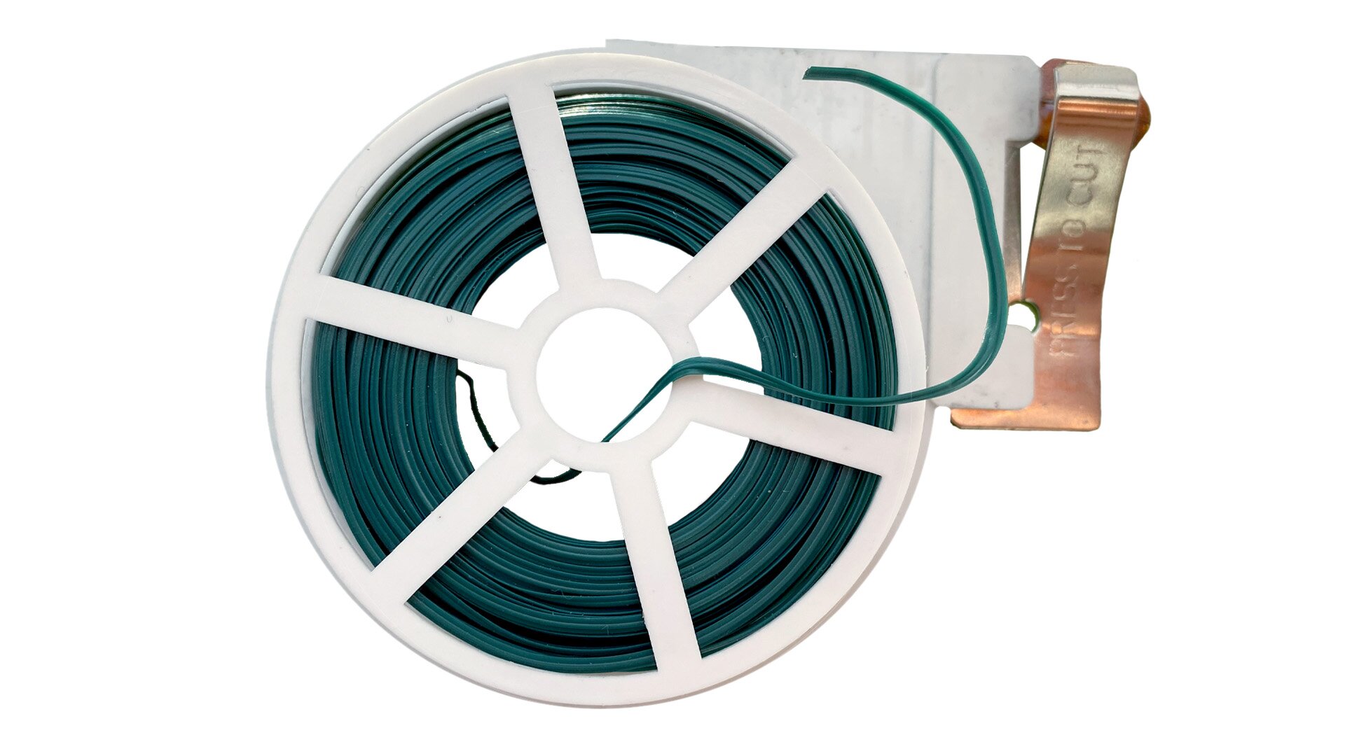 Zdjęcie przedstawia drut florystyczny. Widoczny jest biały kołowrotek, na który nawinięta jest zielona nić florystyczna. Z prawej strony kołowrotka wypustka służąca jako uchwyt.