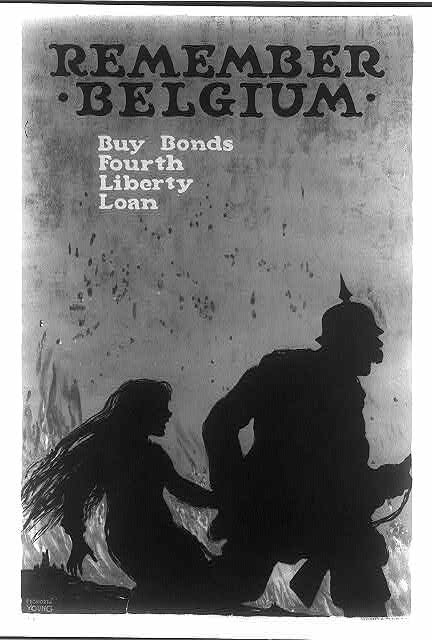 Plakat przedstawia zarys dwóch sylwetek, jest to żołnierz w charakterystycznym dla niemieckiej armii nakryciu głowy - pikielhaubie, ciągnie opierającą się kobietę. U góry napis: Remember Belgium (pamiętaj Belgia). Poniżej napis: Buy Bonds, Fourth, Liberty, Loan (Kup obligacje, po czwarte, wolność, pożyczka).