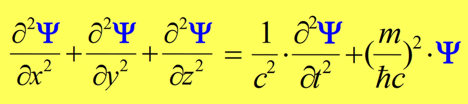 Rys. a. Ilustracja przedstawia bardzo skomplikowane równanie matematyczne, zawierające symbole drugich pochodnych względem współrzędnych x, y i z oraz względem czasu, wielkości oznaczonej grecką literą wielkie psi.