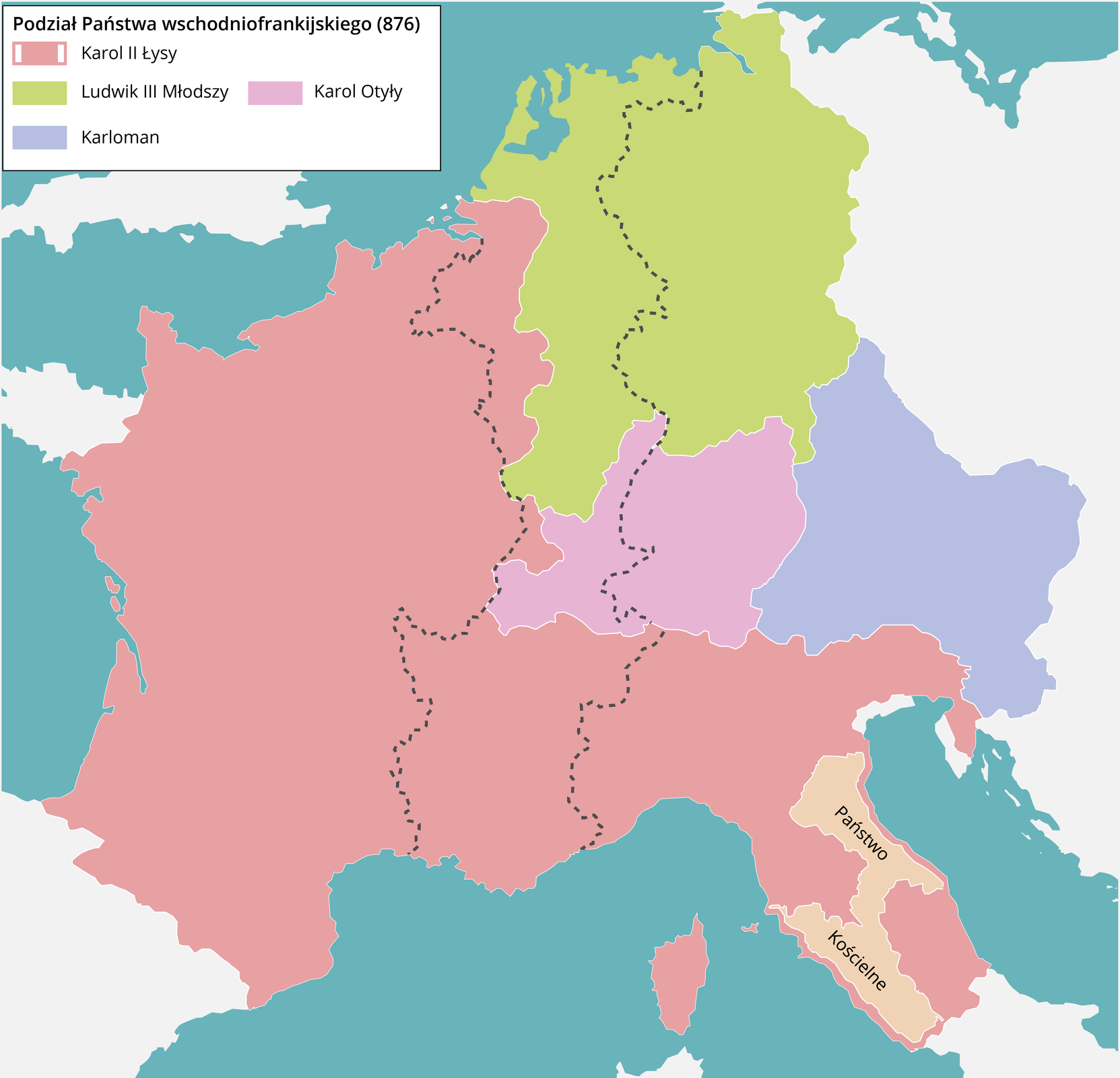 Mapa zachodniej Europy przedstawia podział Państwa wschodniofrankijskiego w 876 roku. Ludwik III Młodszy władał terenami dzisiejszych północnych i środkowych Niemiec. Karol Otyły miał w posiadaniu tereny południowych Niemiec natomiast Karloman na wschód od terenów Karola Otyłego. Karol II Łysy rządził na terenach dzisiejszej Francji, Korsyki oraz południowej Europy aż do środkowych Włoch pomijają Państwo Kościelne.