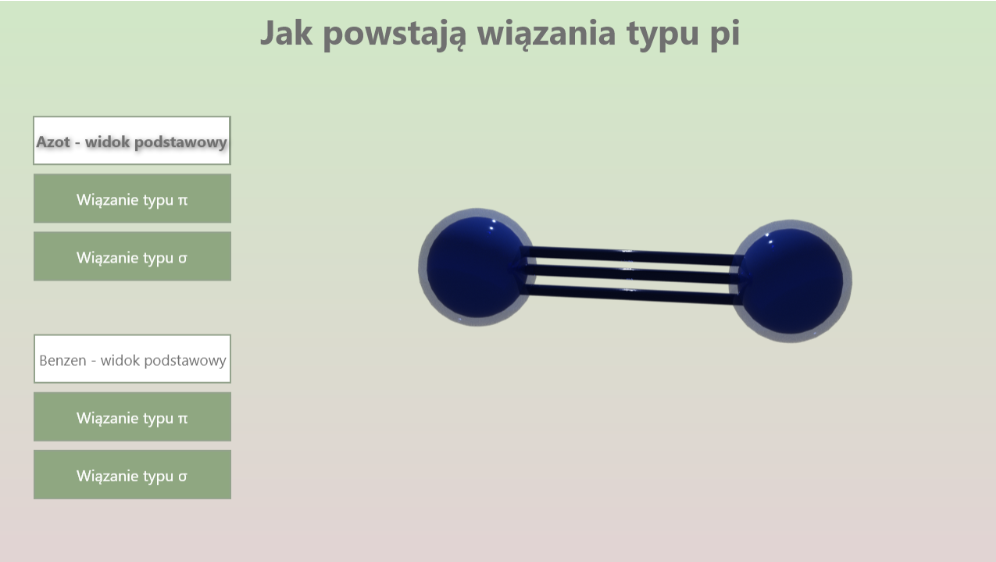 Animacja pod tytułem Powstawanie wiązań typu pi i typu sigma. Do wyboru jest cząsteczka azotu lub cząsteczka benzenu. Cząsteczka azotu złożona jest z dwóch atomów azotu połączonych wiązaniem potrójnym. Wiązanie typu pi w cząsteczce azotu ma kształt czterech bananów, których końcówki znajdują się przy atomach azotu. Każda z części położona jest pod kątem dziewięćdziesięciu stopni do dwóch sąsiadujących części. Wiązanie typu sigma w cząsteczce azotu ma kształt wydłużonej elipsoidy ze zgrubieniami na końcach położonej wzdłuż osi cząsteczki azotu. Cząsteczka benzenu złożona jest z sześciu atomów węgla połączonych w pierścień. Do każdego atomu węgla przyłączony jest jeden atom wodoru. Cząsteczka benzenu ma płaską strukturę. Wiązanie typu pi w cząsteczce benzenu ma kształt dwóch pączków z dziurką położonych po dwóch stronach cząsteczki równolegle wzdłuż pierścienia węglowego. Wiązania typu sigma ma kształt nierównego pierścienia położonego na pierścieniu węglowym z wypustkami przy każdym atomie węgla.