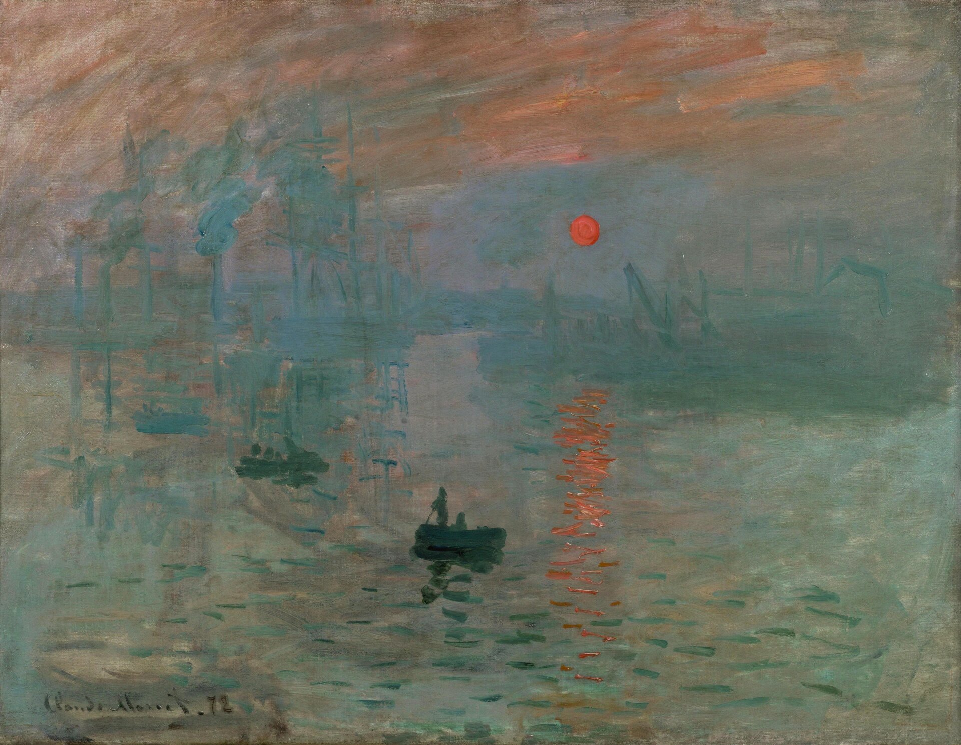 Ilustracja przedstawia obraz Claude’a Moneta „Impresja. Wschód słońca”. Ukazuje zatokę portową ze statkami w tle. Na wozie płyną łodzie. Na niebie, lekko z prawej strony znajduje się czerwono-pomarańczowe wschodzące słońce, odbijające się w tafli wody. Obraz utrzymany jest w niebiesko-szarej, mglistej tonacji z pomarańczowym niebem w górnej partii dzieła.
