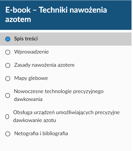 Zdjęcie przedstawia przykładowy spis treści e‑booka. Na górze znajduje się tytuł e‑booka. Poniżej tytułu sześć rozdziałów z tytułami. Rozdziały oznaczone są szarą kropką.