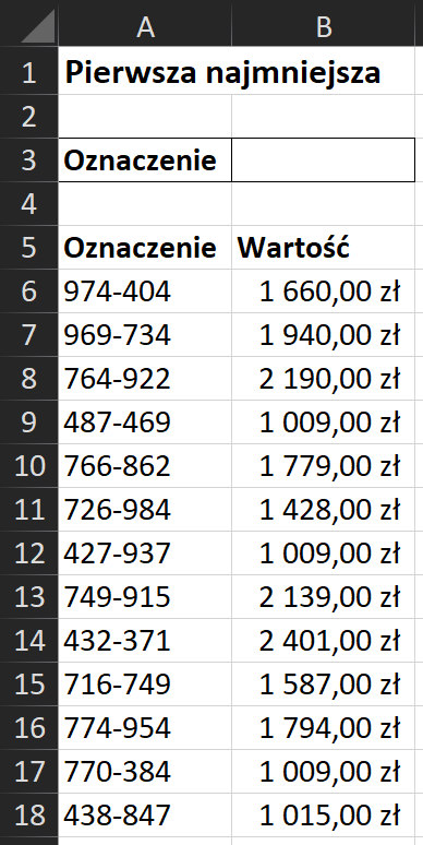 Ilustracja przedstawia tabelę w formie arkusza składającą się z dwóch kolumn i osiemnastu wierszy. Wiersze ponumerowane są od jednego do osiemnastu. Natomiast kolumny oznaczone od A do B. W pierwszym wierszu zapis. Pierwsza najmniejsza. Trzeci wiersz. Oznaczenie. Piąty wiersz kolumna A. Oznaczenie. Piąty wiersz kolumna B. Wartość. W kolejnych wierszach. Dla oznaczenia 974 myślnik 404 wartość tysiąc sześćset sześćdziesiąt złotych. Dla oznaczenia 969 myślnik 734 wartość tysiąc dziewięćset czterdzieści złotych. Dla oznaczenia 764 myślnik 922 wartość dwa tysiące sto dziewięćdziesiąt złotych. Dla oznaczenia 487 myślnik 469 wartość tysiąc dziewięć złotych. Dla oznaczenia 766 myślnik 862 wartość tysiąc siedemset siedemdziesiąt dziewięć złotych. Dla oznaczenia 726 myślnik 984 wartość tysiąc czterysta dwadzieścia osiem złotych. Dla oznaczenia 427 myślnik 937 wartość tysiąc dziewięć złotych. Dla oznaczenia 749 myślnik 915 wartość dwa tysiące sto trzydzieści dziewięć złotych. Dla oznaczenia 974 myślnik 404 wartość tysiąc sześćset sześćdziesiąt złotych. Dla oznaczenia 432 myślnik 371 wartość dwa tysiące czterysta jeden złotych. Dla oznaczenia 716 myślnik 749 wartość tysiąc pięćset osiemdziesiąt siedem złotych. Dla oznaczenia 774 myślnik 954 wartość tysiąc siedemset dziewięćdziesiąt cztery złotych. Dla oznaczenia 770 myślnik 384 wartość tysiąc dziewięć złotych. Dla oznaczenia 438 myślnik 847 wartość tysiąc piętnaście złotych. 