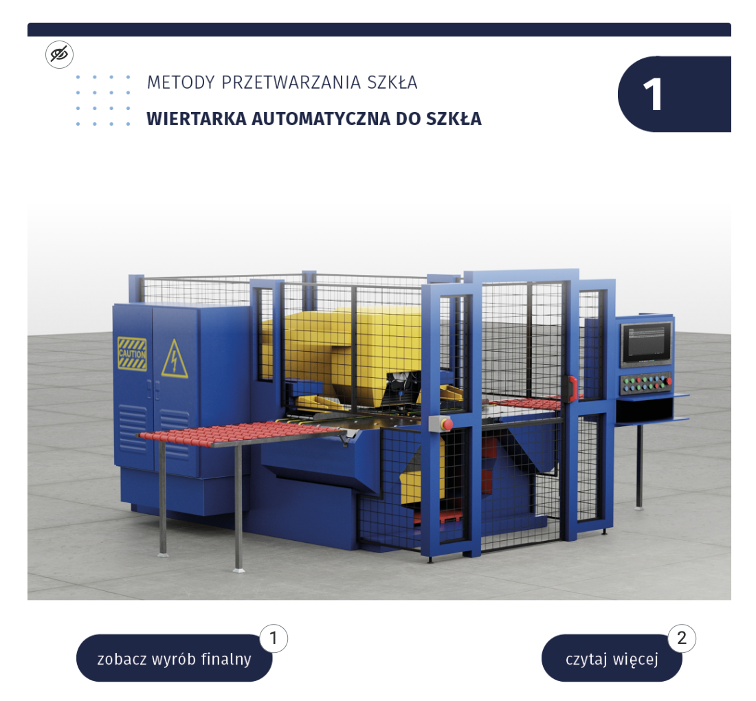 Plansza zatytułowana Metody przetwarzania szkła. Wiertarka automatyczna szkła. W tle widoczna maszyna.