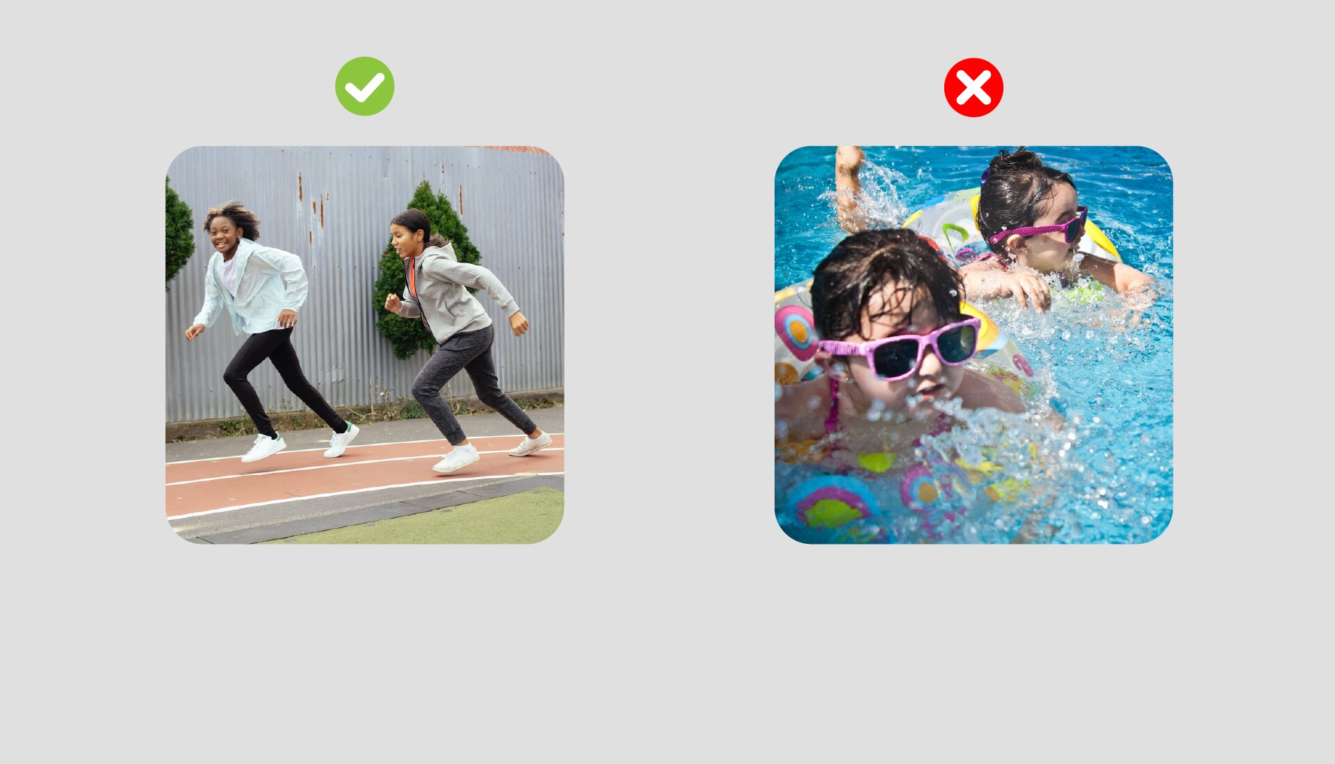 Ilustracja przestawiająca dwa zdjęcia. Z lewej strony biegnące dziewczyki po bieżni.Ubrane są w strój sportowy.  Zdjęcie z prawej strony przedstawia dzieci pływające w basenie. Dzieci znajdują się w kole ratunkowym, założone mają okulary przeciwsłoneczne.