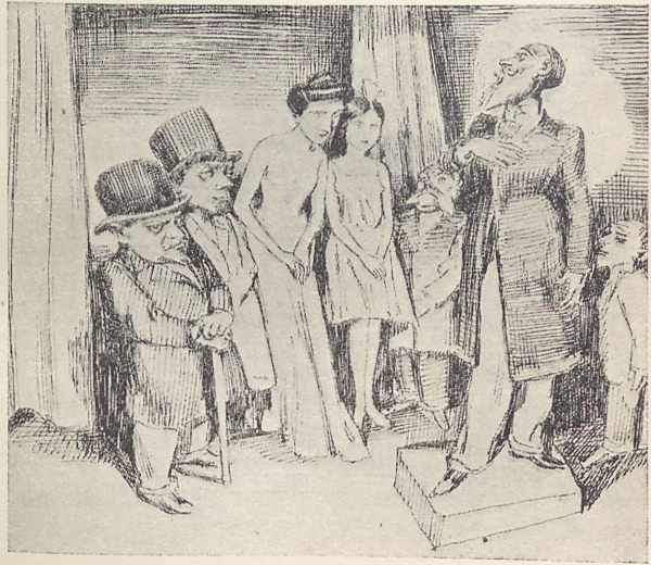 Ilustracja przedstawia grupę osób. Po lewej stronie stoją dwaj dojrzali mężczyźni ubrani w marynarki i spodnie, na głowach mają kapelusze. Pierwszy ma wyraziste spojrzenie, duży nos, opiera się o laskę. Drugi ma krzaczaste brwi i długi, prosty nos. Obok niego stoi lekko pochylona, w sile wieku kobieta. Ma włosy upięte w kok, długi, prosty nos, niewielkie usta. Ubrana jest w długą suknię, ręce ma ułożone z przodu. Kolejną postacią jest nastoletnia dziewczyna. Ma długie, proste włosy, stoi wyprostowana, ręce układa z przodu. Jest ubrana w krótką sukienkę na ramiączkach. Obok dziewczyny stoi niski, starszy mężczyzna z obfitymi wąsami, zadziera głowę. Ubrany w marynarkę i spodnie. Na podwyższeniu stoi dojrzały mężczyzna. Ma szczupłą twarz, gładko zaczesane włosy, zmarszczone czoło, głęboko osadzone, szeroko otwarte oczy, długi, wąski nos. Z przejęciem przemawia.Twarz zdobi szpiczasto podcięta broda. Ubrany jest w długą marynarkę, spodnie i szpiczaste buty. Prawą dłoń kładzie na piersi, lewa ręka ułożona wzdłuż ciała. Po prawej stronie stoi niski, łysiejący mężczyzna. Ma długi nos i wystającą brodę. Ubrany w marynarkę i spodnie. W tle zwisają zasłony.