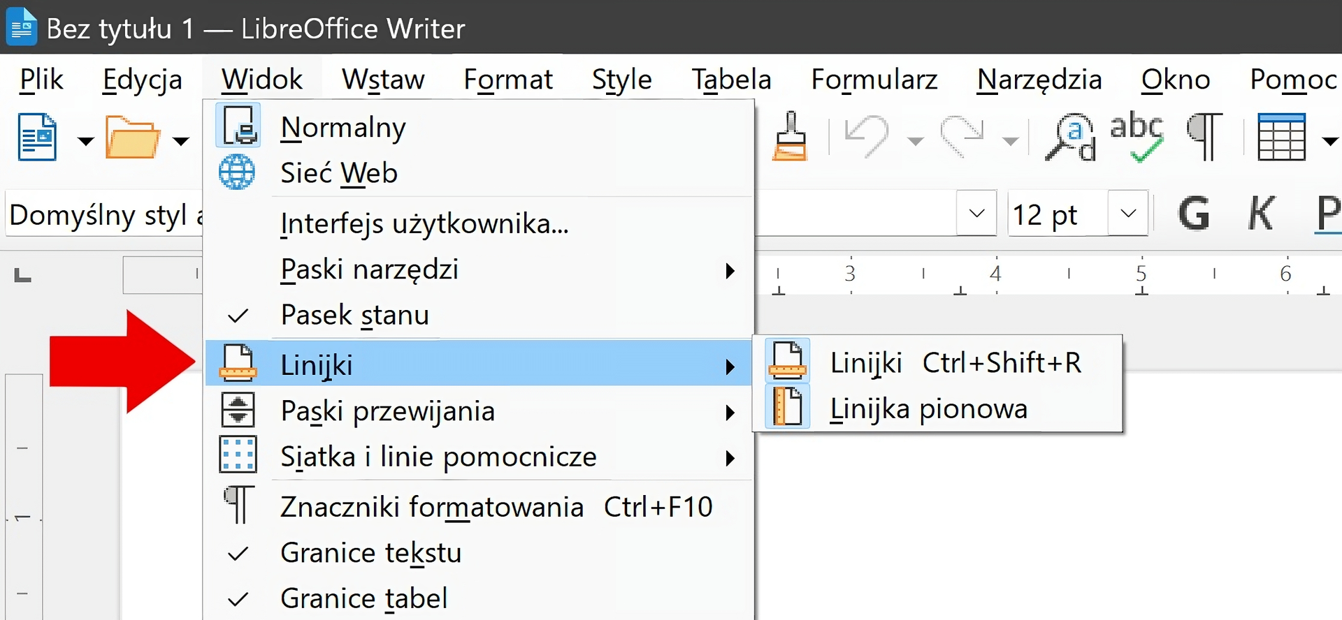 Ilustracja przedstawia lewy górny fragment okna programu LibreOffice Writer. Rozwinięta jest zakładka Widok. Na ilustracji znajduje się czerwona strzałka, wskazuje ona na pozycję Linijki z listy Widok. Pozycja Linijki jest dalej rozwinięta na ilustracji, dostępne są dwie opcje: Linijki, Linijka pionowa.