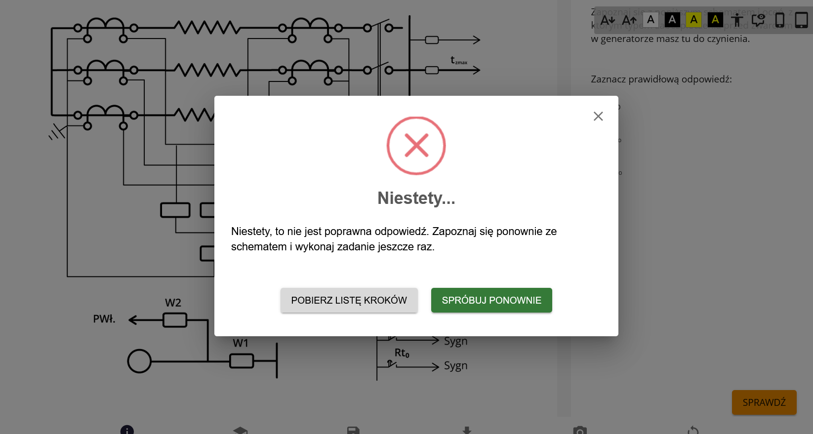 Ilustracja przedstawia planszę z informacją zwrotną na temat wykonanego ćwiczenia. Poniżej treści znajdują się dwa przyciski: pobierz listę kroków oraz Spróbuj ponownie.