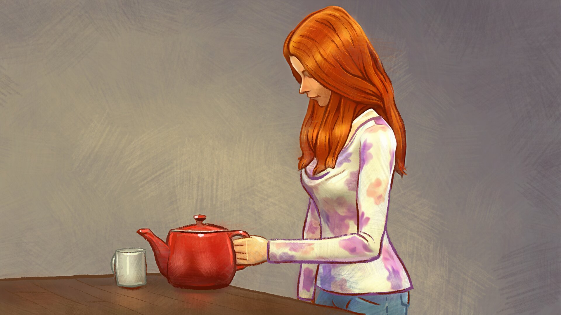 Ilustracja przedstawiająca rysunkową wizję kobiety stojącej przy brązowym blacie, trzymającej w lewej dłoni czerwony czajnik. Rudowłosa kobieta pochyla twarz w stronę blatu. Ma na sobie jasną bluzkę w różowe i fioletowe kwiaty, a także jasne jeansy. Główna część czajnika, jego szyjka oraz rączka są czerwone, natomiast skraj pokrywki – szary. Dół czajnika jest nieco ciemniejszy niż pozostała jego część. Po jego lewej stronie stoi jasnoszary kubek. Tło stanowi szara ściana. 