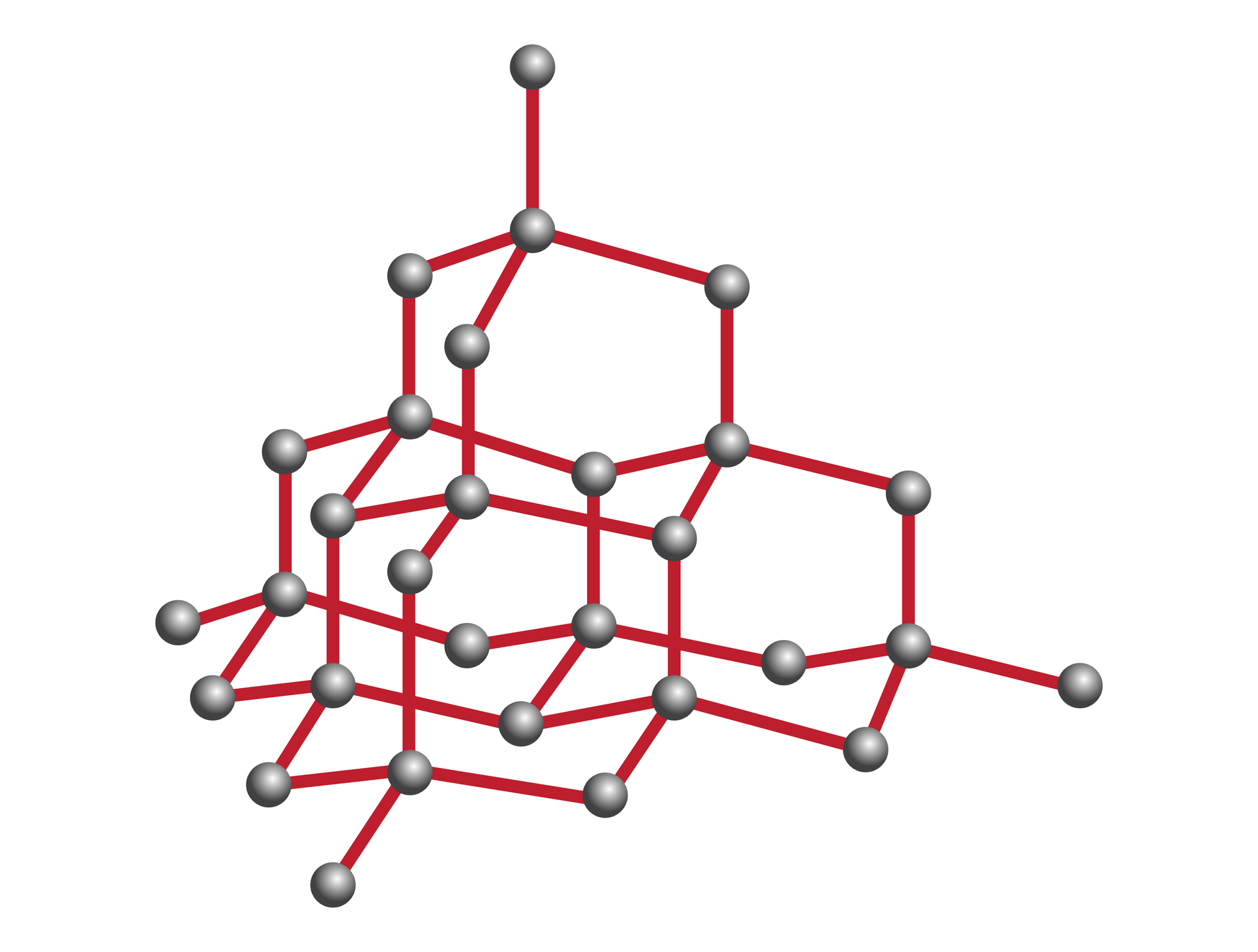 Ilustracja przedstawia strukturę atomów węgla w krysztale diamentu. Czarne kulki symbolizujące atomy połączone są czerwonymi liniami dla oznaczenia wiązań kowalencyjnych. Struktura wewnętrzna kryształu diamentu, mimo pozornego skomplikowania jest bardzo regularna, a każdy atom węgla jest połączony wiązaniami kowalencyjnymi z czterema takimi samymi atomami.