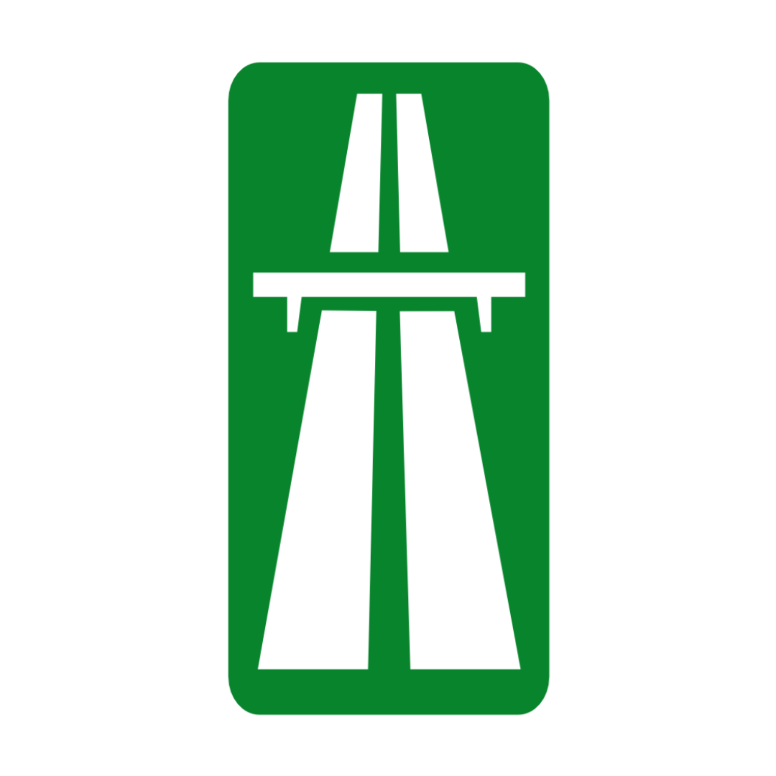 Ilustracja przedstawia znak drogowy oznaczający początek autostrady. Znak jest prostokątny, znajdują się na nim podłużne pasy ruchu i poprzeczna belka.