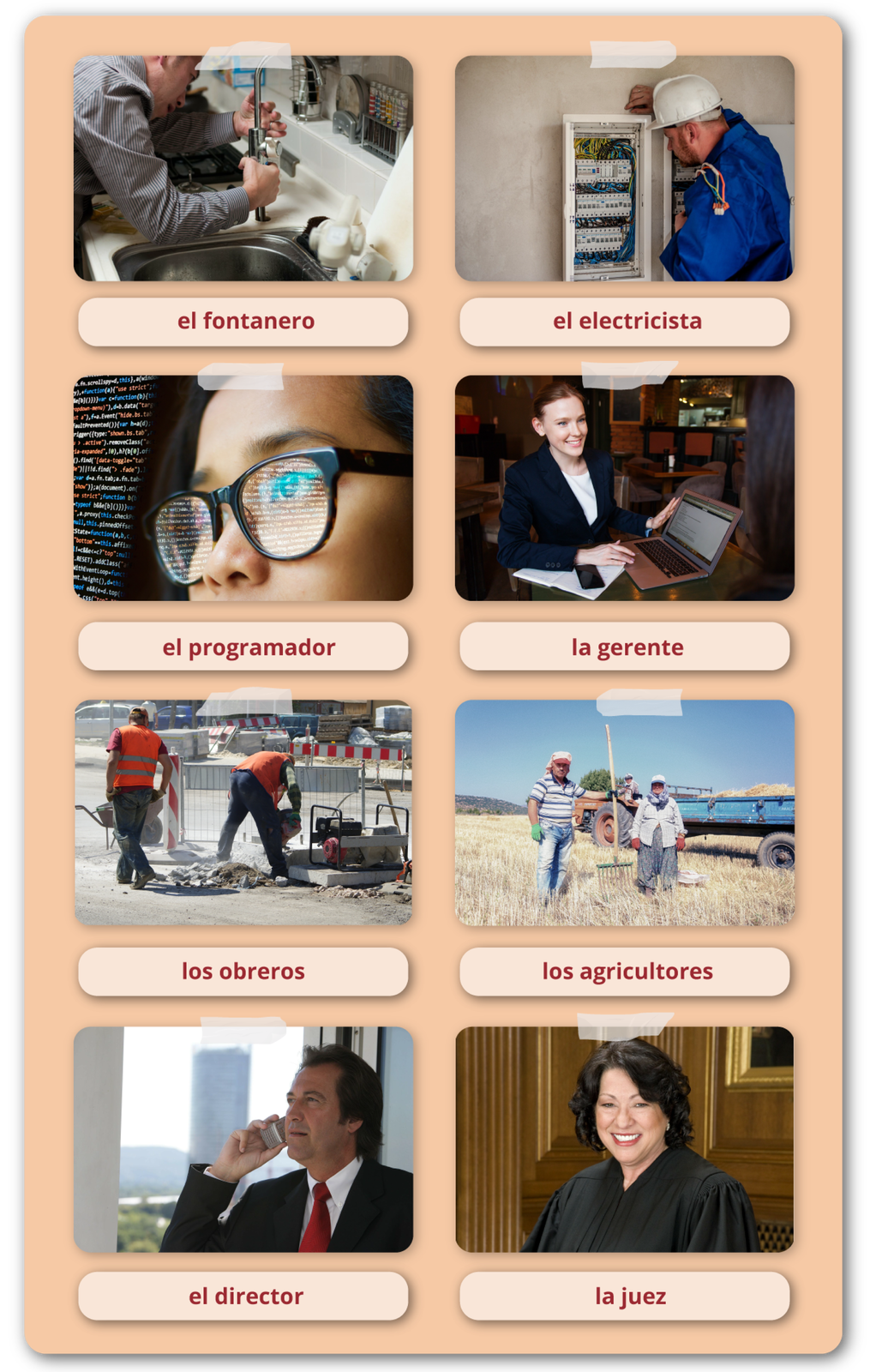 Grafika zawiera osiem zdjęć z podpisami. Pierwsze zdjęcie przedstawia mężczyznę przykręcającego zlew kuchenny. Podpis: el fontanero. Drugie zdjęcie przedstawia mężczyznę w kasku budowlanym stojącego przy skrzynce z rozdzielnikami prądu. Podpis: el electricista. Na kolejnym zdjęciu widoczny jest fragment twarzy młodej kobiety w okularach, w których odbijają się treści tekstów na komputerze na czarnym tle. Podpis: el programador. Na następnym zdjęciu widoczna jest młoda kobieta siedząca przy stoliku w restauracji, na którym leży notatnik, smartfon i laptop. Podpis: la gerente. Kolejne zdjęcie przedstawia plac budowy. Na pierwszym planie dwóch mężczyzn: jeden prowadzi taczkę, drugi przycina betonowe fragmenty. Podpis: los obreros. Na następnym zdjęciu jest dwoje rolników stojących na polu. Mężczyzna trzyma grabie, obok niego stoi kobieta. Za nimi traktor. Podpis: los agricultores. Kolejne zdjęcie przedstawia mężczyznę w eleganckim garniturze, stojącego przy oknie i rozmawiającego przez telefon komórkowy. Podpis: el director. Na ostatnim zdjęciu widoczna jest uśmiechnięta kobieta w todze. Podpis: la juez.